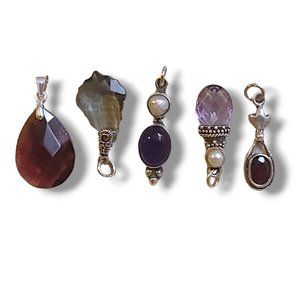 Sterling Silver Pendant Set Garnet Amethyst Pearl Diamond Crystal Purple Red